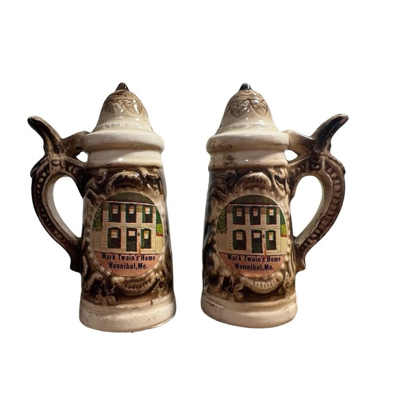 The Unbranded Brand Other - Vintage Ceramic Beer Stein Salt & Pepper Shakers with Handles Mark Twain's House